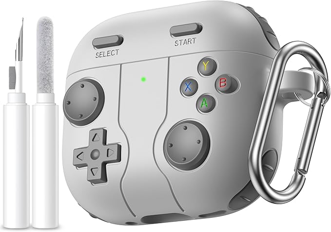 Getino Game Case for AirPods 4 2024 Cover with Cleaner Kit, Keychain, Compatible with Apple Airpods 4 Case Covers, Cute Funny Shock-Proof Protective Silicone AirPod 4 Case for Men Boy-Light Gray