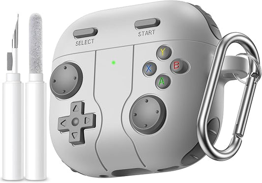 Getino Game Case for AirPods 4 2024 Cover with Cleaner Kit, Keychain, Compatible with Apple Airpods 4 Case Covers, Cute Funny Shock-Proof Protective Silicone AirPod 4 Case for Men Boy-Light Gray
