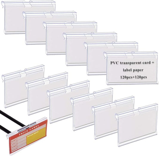 120PCS Clear Plastic Label Holders Clear Plastic Bin Clip Labels for Baskets Wire Shelf Price Card Tag, Aulufft Transparent Label Holder with 120pcs Paper Labels for Storage Bins (2.36 x 1.65 inches)