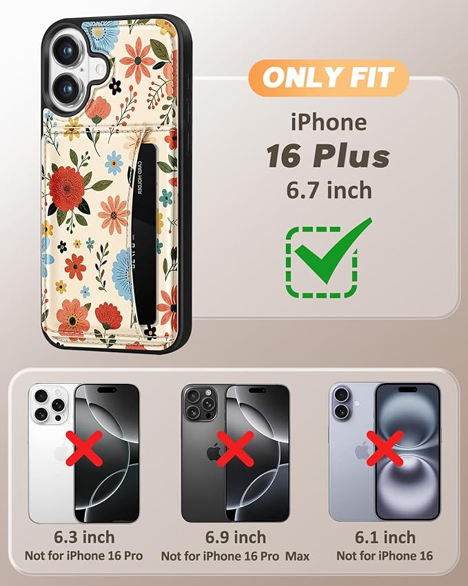 for iPhone 16 Plus Case with Wallet - Fits 4 Card Slots, Compatible with MagSafe for Women Aesthetic Durable PU Leather Credit Card Holder Kickstand Phone Cover for Apple 16 Plus, Beige Flower