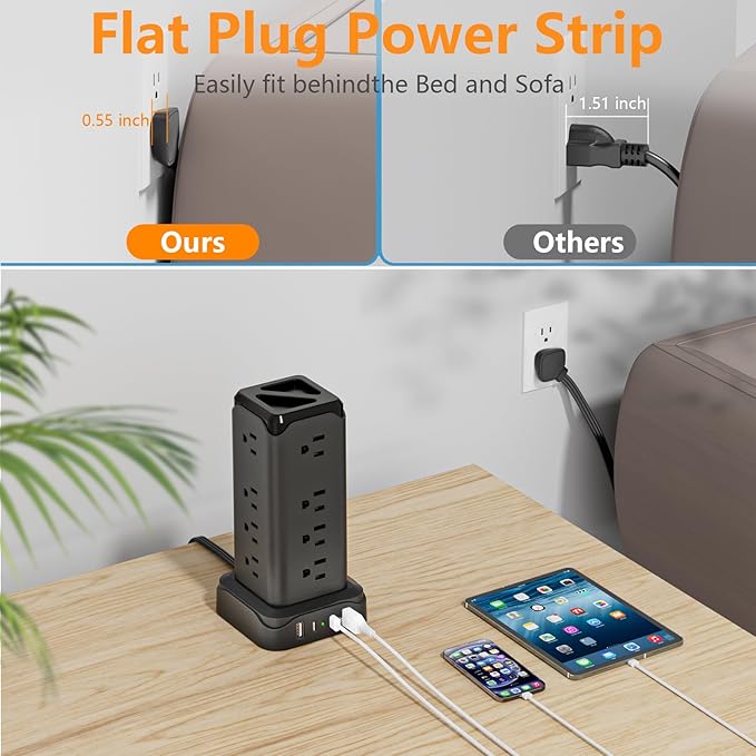Power Strips with Surge Protection, PASSUS 6FT Flat Extension Cord with Multiple Outlets, 16AC Outlets Tower with 4 USB Ports(2 USB C) Charging Station Tower for Home Office Dorm