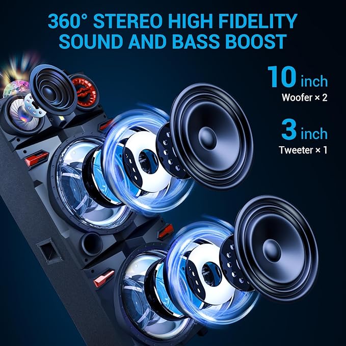 Portable Party Wireless Bluetooth Speaker with Dual 10" Subwoofer, 80W Rechargeable PA System with Bass/Treble, Wired Microphone, Flashing Light, TWS, FM, REC, Telescopic Pull Rod, Wheels
