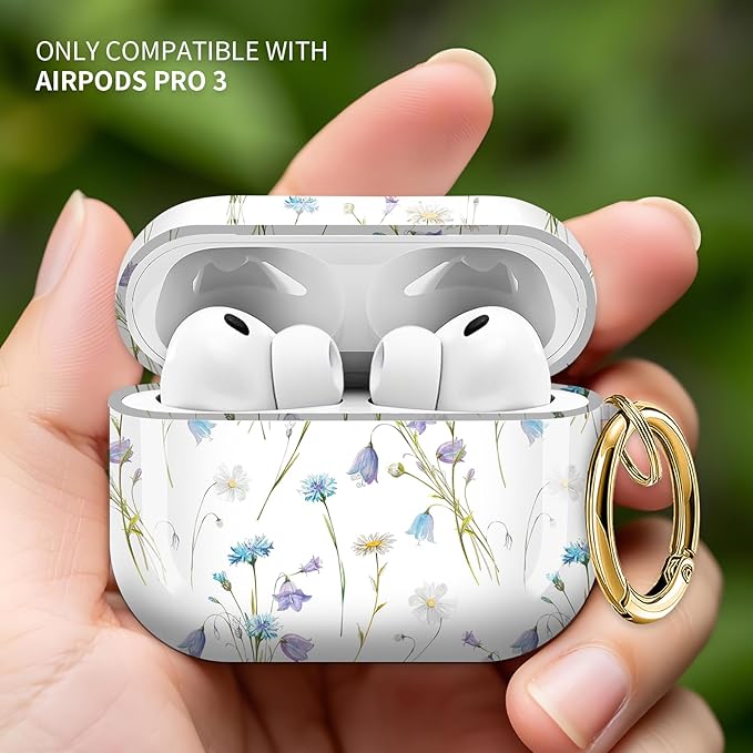 Cute Hard Case Compatible with AirPods Pro 3rd Generation Case (2025), Shockproof Protective Cover with Golden Keychain Ring Clip (Small Purple Flower)
