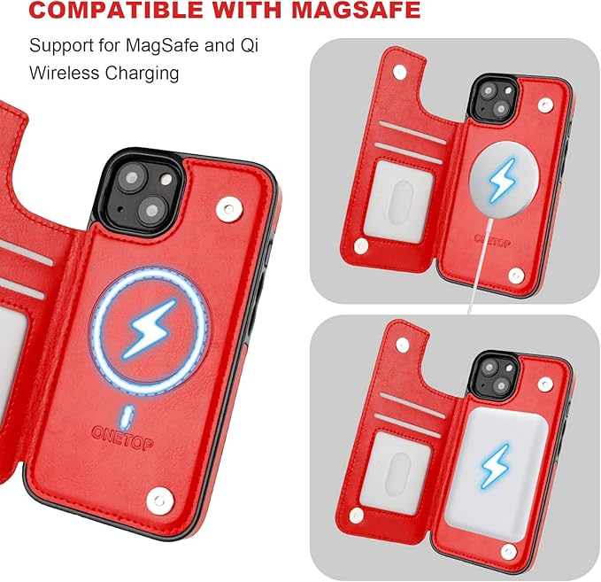 ONETOP Compatible with Magsafe for iPhone 13 Wallet Case with Card Holder, PU Leather Kickstand RFID Blocking Case, Double Magnetic Clasp and Durable Shockproof Cover 6.1 Inch (Red)