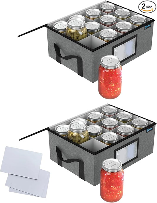 2Pk 32 oz Quart Mason Jar Organizer, Sturdy Pantry Canning Jar Storage Containers, Holds 12 Quart Size Ball Mason Jars, Foldable Canning Organizer, Stackable Home Storage Box w/Lid & Label holder