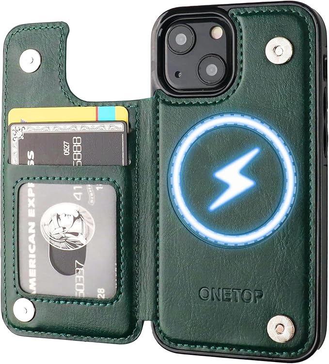 ONETOP Compatible with Magsafe for iPhone 13 Mini Wallet Case with Card Holder, PU Leather Kickstand RFID Blocking Case, Double Magnetic Clasp and Durable Shockproof Cover 5.4 Inch (Green)