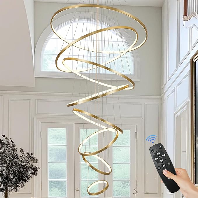 Modern LED Chandelier 8 Rings Dimmable Gold High Ceiling Chandelier Foyer, Large LED Contemporary Pendant Lighting for Staircase Entryway Living Room, D35’’ 3000K-6500K