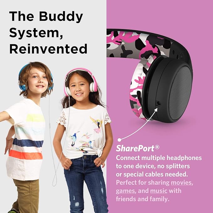 LilGadgets On-Ear Wired Headphones for Kids for School - Pink, Foldable On-Ear Design, 4 ft Braided Nylon Cable - Volume-Limiting & Noise Reduction, SharePort Technology & Kids Wired School Headphones