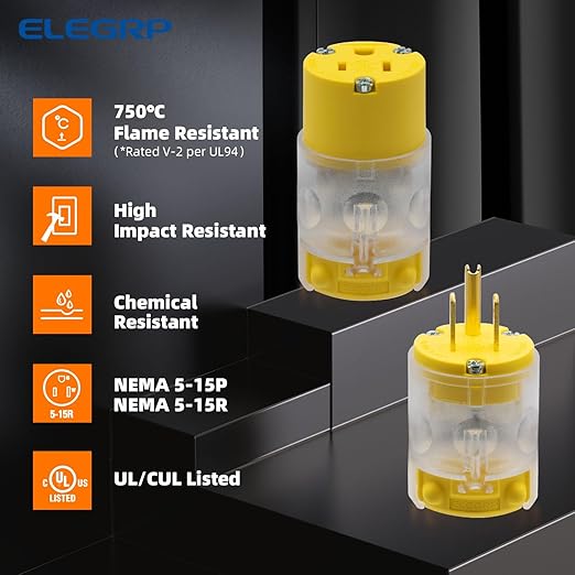 ELEGRP Lighted Straight Blade Electrical Plug and Connector Set 15 Amp 125 Volt NEMA 5-15P NEMA 5-15R 2 Pole 3 Wire Grounding, Commercial Grade, Yellow, 5 Set