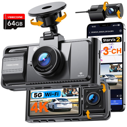 Real 4K 3 Channel Dash Cam, STARVIS2 Sensor HDR, 64GB Card, 5.8GHz WiFi GPS