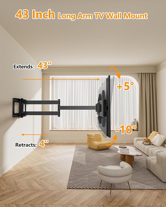 FORGING MOUNT Long Extension TV Mount Full Motion Wall Bracket with 42 inch Long Arm Articulating TV Wall Mount for 42 to 80 Inch Flat/Curve TVs, VESA 600x400mm Compatible, Holds up to 110 lbs