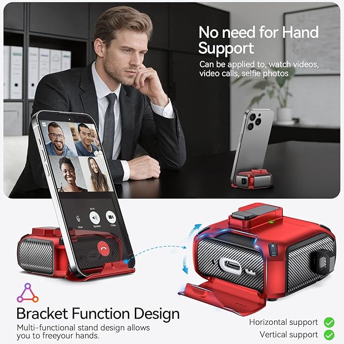 for AirPods 4 Case (2024) with Phone Stand,（with Automatic Snap Switch） Carbon Fiber Design Protection Cover with Cleaning Pen,Red