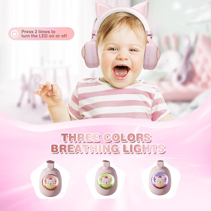 Pink Cat Ear Headphones for Kids, Cute Children Girl Wireless Bluetooth Headphones for School, Kindergarten Light up Kawaii Kitty Noise Cancelling Headphones for Kids Teens Child Airplane