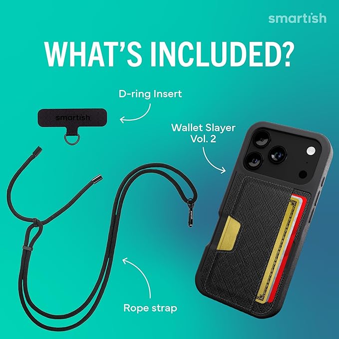 Smartish® iPhone 17 Pro Wallet Case + Crossbody Lanyard Strap - [Slim + Protective] Phone Case Credit Card Holder + Universal Detachable Shoulder Neck Strap for Apple iPhone 17 Pro - Black Tie Affair