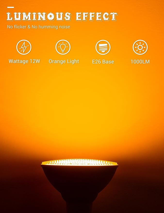 JandCase Halloween Orange Light Bulb Outdoor, LED PAR30 Orange Flood Lights 12W(100W Equivalent), E26 Colored Light Bulbs for Porch Home Lighting, Theme Party Decor, Courtyard, Not-Dimmable, 2 Pack
