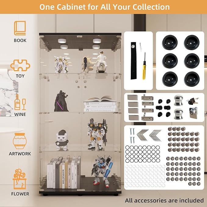 LFT HUIMEI2Y Glass Display Cabinet 4-Shelf with Light,Mirror and Lock, 2 Door Curio Cabinets, 5mm Tempered Glass Floor Standing Bookshelf for Bedroom, Living Room, Black