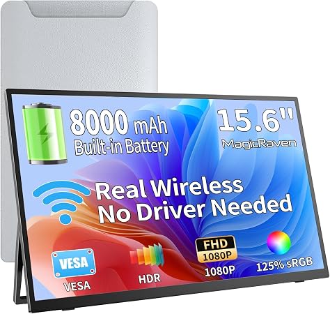Wireless Portable Monitor for Laptop with Battery, 15.6" 1080P IPS