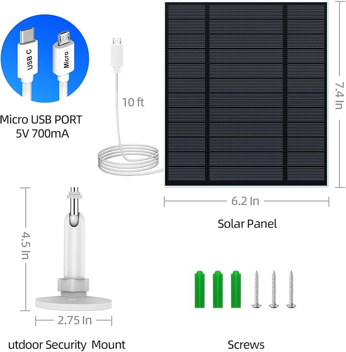 5W Solar Panel for Security Camera, Solar Panel with Micro USB & USB-C Port for DC 5V Outdoor Rechargeable Battery Camera, IP65 Waterproof, 360° Adjustable Security Mount, 9.8ft Cable(White 2PC)