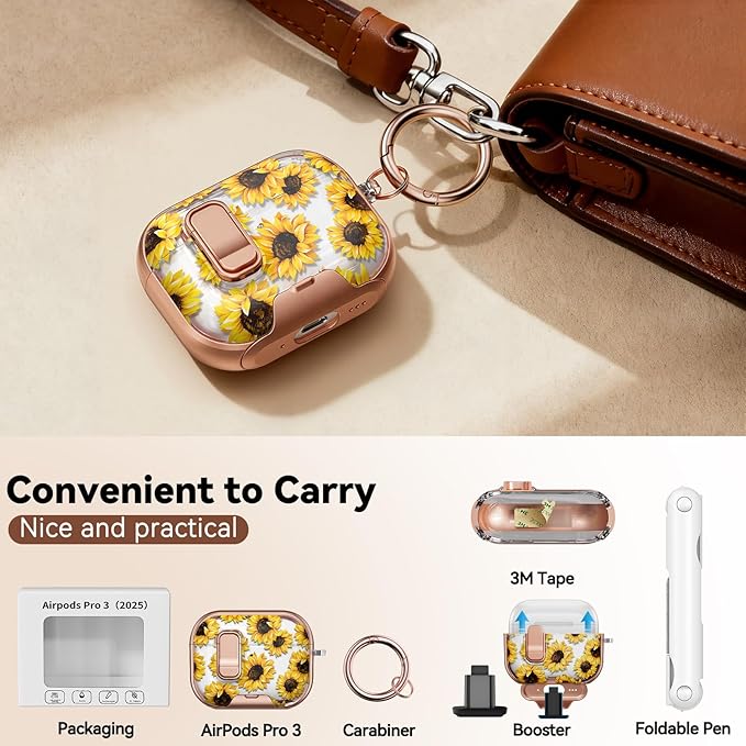 for AirPod Pro 3 Case 2025, with Safty Lock & Phone Stand for Floral AirPod Pro 3 Generation Case Cover for Women Girly, iPod Pro 3 Cases with Keychain & Cleaner Kit - Yellow Sunflower