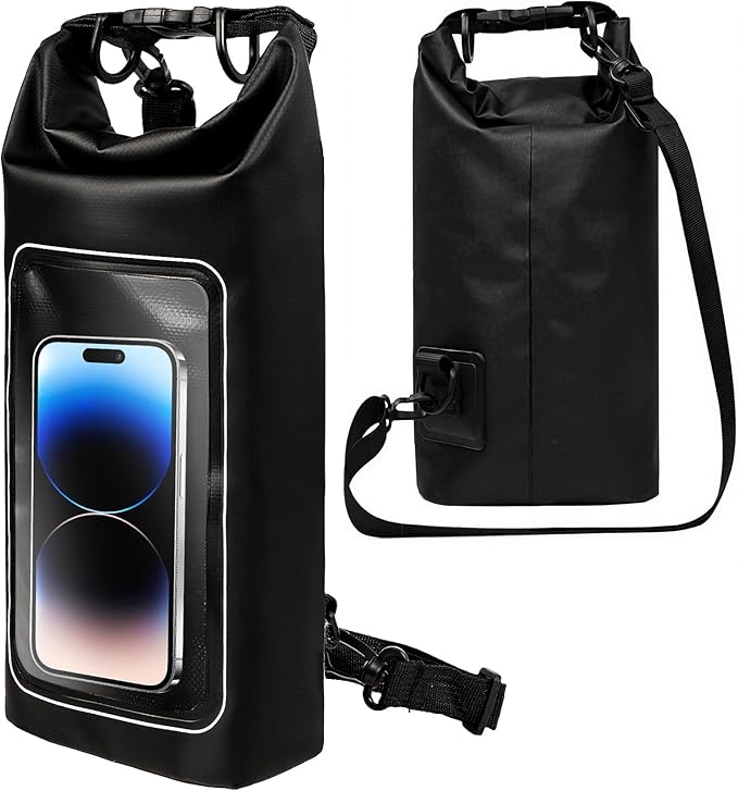 kullder Waterproof Dry Bag, 2L Roll Top Waterproof Pool Bag IPX8 with Crossbody Strap, Phone Pouch Water Protector for Cruise Camp Swim Beach Fish Travel Essentials, Boat & Kayak Accessories (Black)