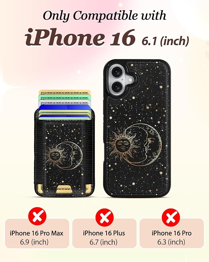 Shorogyt for iPhone 16 Wallet Case - Fits 5 Cards, Compatible with Magsafe Detachable Magnetic Credit Card Holder Leather Cardholder Cute Phone Cover Women Girls for Apple 16, Sun Moon