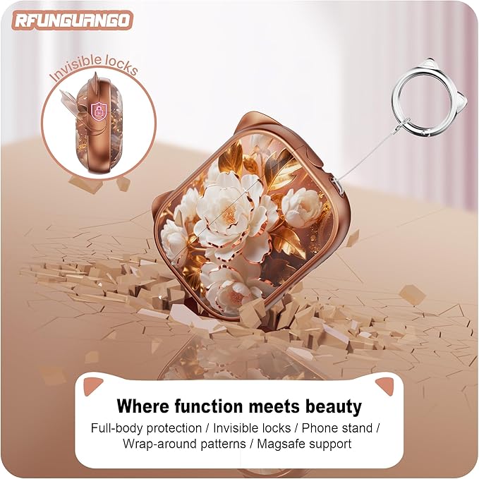 RFUNGUANGO is Compatible with AirPods Pro 3 Protective case, with Mobile Phone Holder Function, Multiple Colors Available, Suitable for AirPods Pro 3 Protective case,Rose Gold + Peonies
