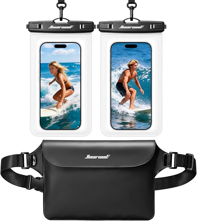 Hiearcool Waterproof Phone Pouch, IPX8 Waterproof Phone Case for iPhone 17 Pro Max, Cell Phone Dry Bag Plus Waterproof Fanny Pack Dry Bag with Privacy Front and Clear Back for Beach Cruise