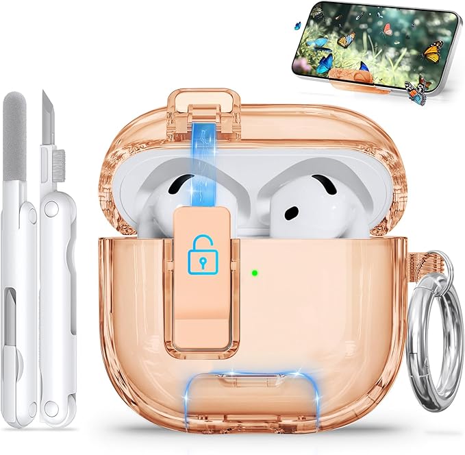 for AirPods 4 Case with Phone Stand & Safety Lock, Auto-Open Clear AirPod Case Compatible with Apple AirPods 4th Gen 2024, Anti-Scratch & Shockproof Protective Cover with Cleaning Kit & Keychain