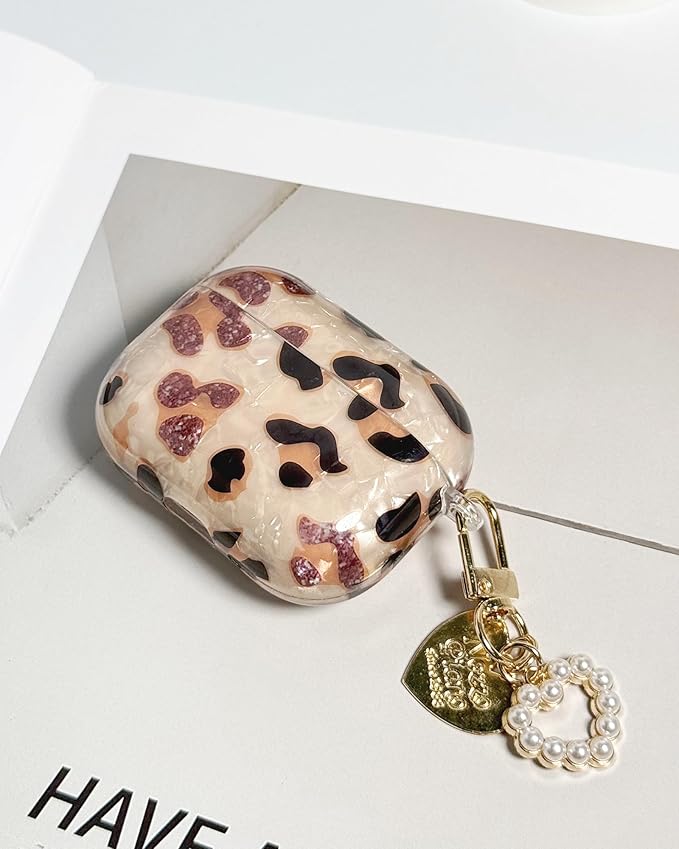 Compatible with AirPods Pro 2 Case Cute, Shell Cheetah Print Pattern Shockproof Protective Cover for Girls Women with Heart Keychain Designed for AirPod Pro 1st / 2nd Generation, Leopard