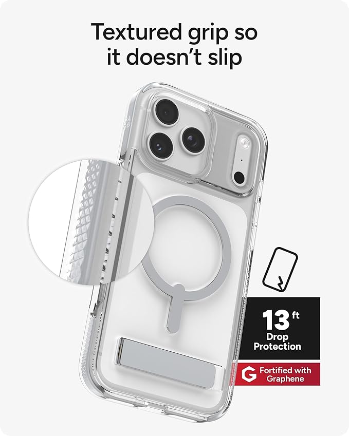 ZAGG Santa Cruz Snap Case with Kickstand for iPhone 17 Pro Max - Silver, Drop Protection (13ft/4m), MagSafe Charging Compatible, ClearGuard Anti-Yellowing Technology, Scratch Resistant Phone Case