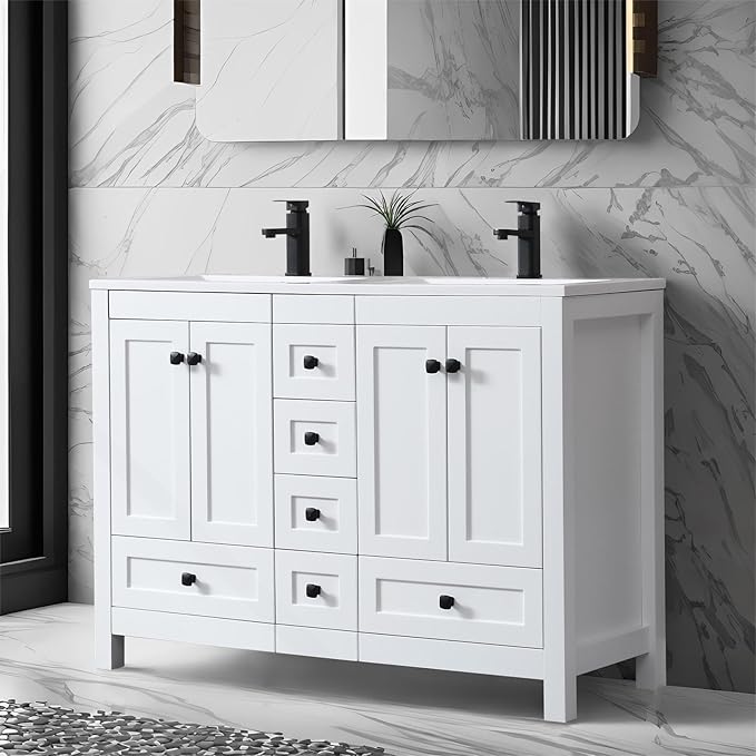 eclife 48" Bathroom Vanities with Sink Combo, Modern Thickened Wood Bathroom Storage Cabinet w/Undermount Double Sink, Matte Black Faucet Drain, Painted Surface, White