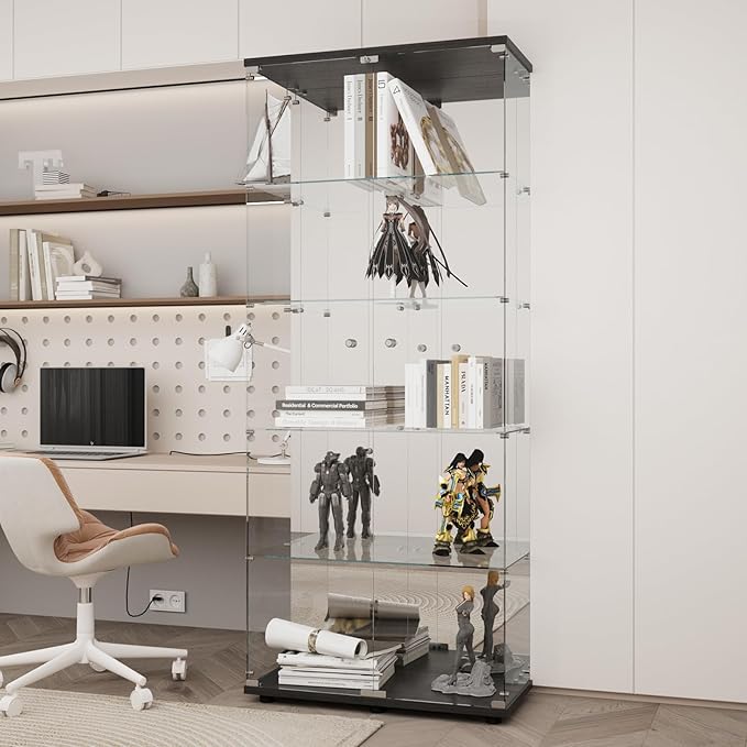 LFT HUIMEI2Y Glass Display Cabinet 5-Shelf with Mirror and Lock, 2 Door Curio Cabinets, Tempered Glass Collection Display Showcase for Bedroom, Living Room Black