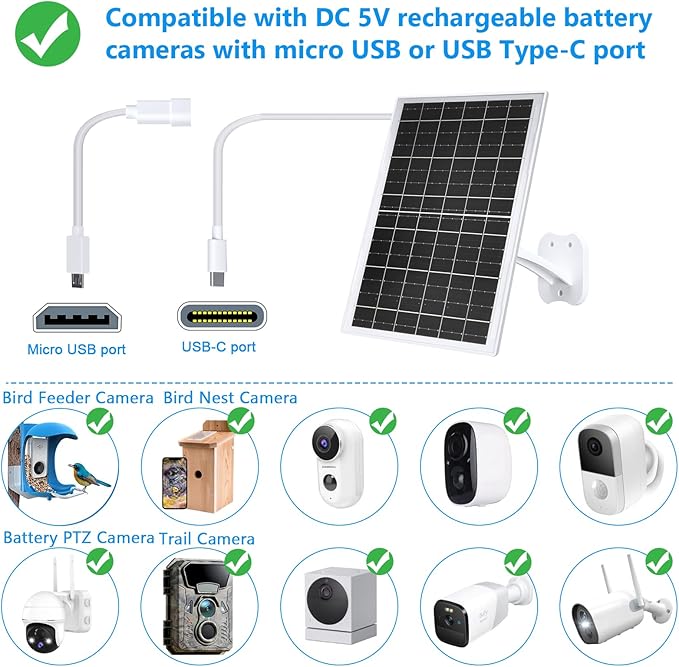Zivif 13W USB Solar Panel for Security Cameras, Solar Charger with USB-C Cable, DC 5.5x2.1mm & Micro USB Port, IP66 Waterproof with Adjustable Mount & 10FT Cable, Tempered Glass Panel