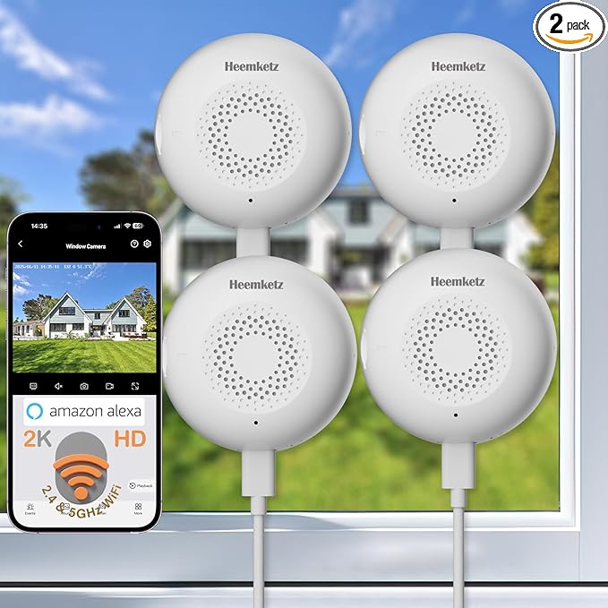 4 Pack Window Camera, 24/7 Recording, 3MP/2K Full-Color Night Vision, Human Detection & Alerts, 2.4/5GHz WiFi, Easy Install Security Camera, Alexa Compatible, Indoor Anti-Theft Camera
