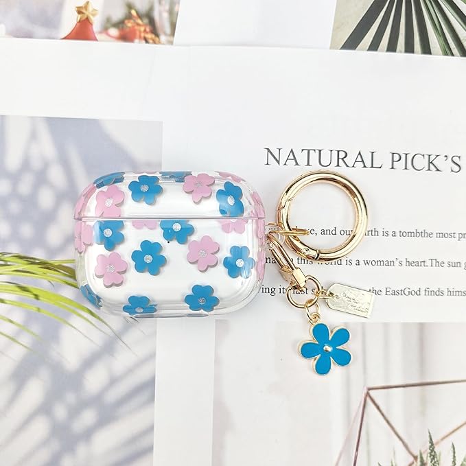Compatible with AirPods Pro 2 Case Cover 2022, Soft TPU with Cute Flower Pattern for AirPods Pro 2nd/1st Generation Case with Flower Keychain and Carabiner for Girls Women (Blue)