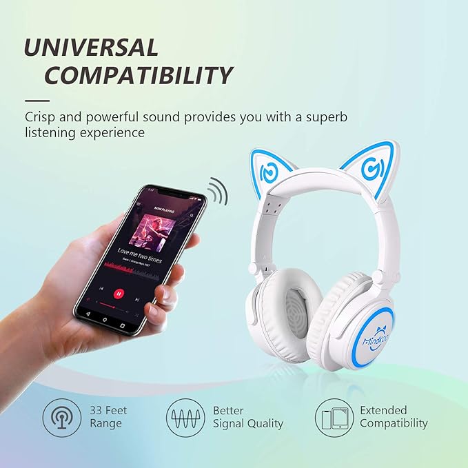 Kids Headphones, Cat Ear LED Light Up Bluetooth Headphones Wired & Wireless, 85dB Volume Limit, 70H Playtime Foldable Over-Ear Headset for iPad Tablet Travel, Gifts for Kids & Adults