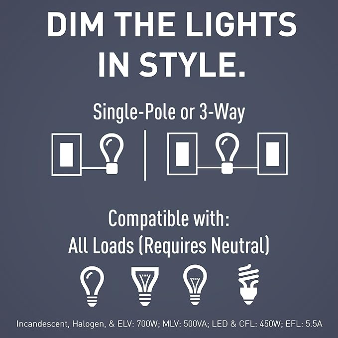Legrand - Pass & Seymour Radiant Dimmer Light Switch, Single Pole Dimmer Switch with LED Locator, Interchangeable Faceplate White, Ivory, Light Almond, RH703PTUTCCCV4, 1 Count