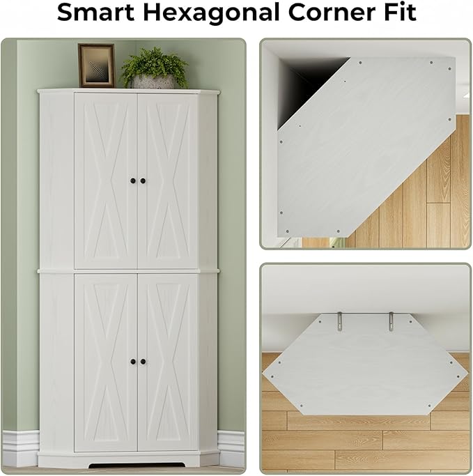 IRONCK Corner Cabinet, 72" H Kitchen Pantry Storage Cabinet, 4 Barn Doors with Storage Rack, 4 Adjustable Shelves, 6-Tier Tall Food Pantry Cabinet, Farmhouse Hutch for Kitchen Dining Room, White