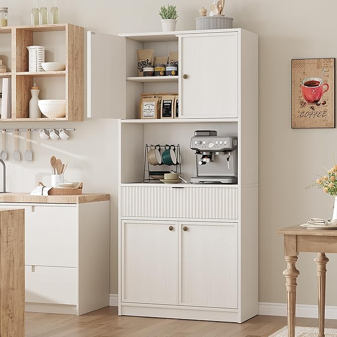 Garvee Tall Kitchen Pantry Cabinet, 70" Pantry Storage Cabinet with Countertop, Fluted Kitchen Hutch Cabinets with Doors and Drawer, Freestanding Cupboard for Dining Room, Living Room, Antique White