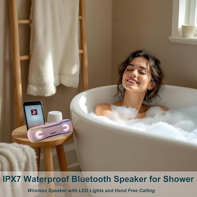 Bluetooth Shower Speaker, IPX7 Waterproof Portable Wireless Speaker, 24H Playtime, LED Lights, TWS Pairing, for Parties, Beach, Travel, Pool, Gifts, Pink