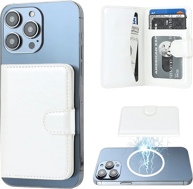 Bocasal for MagSafe Wallet Magnetic Card Holder, RFID Blocking Leather Card Slots for iPhone 17/16/15/14/13/12 Pro/Max/Plus/Air, Adjustable Kickstand Flip Mag Safe Wallet (White)