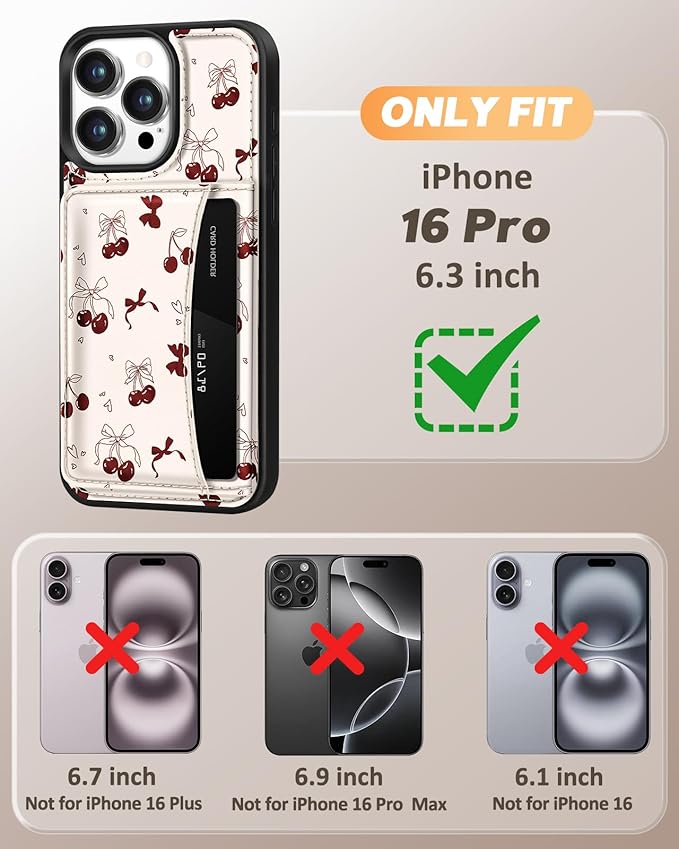 for iPhone 16 Pro Case with Wallet - Fits 4 Card Slots, Compatible with MagSafe for Women Aesthetic Durable PU Leather Credit Card Holder Kickstand Phone Cover for Apple 16 Pro, Bow Cherry