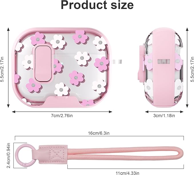 for AirPods Pro 3 Case(2025) with Secure Lock Clip and Phone Stand,Floral Girly Style Protective Cover with Cleaning Kit and Hand Strap for Apple AirPod Pro 3 Generation (Pink Petals)