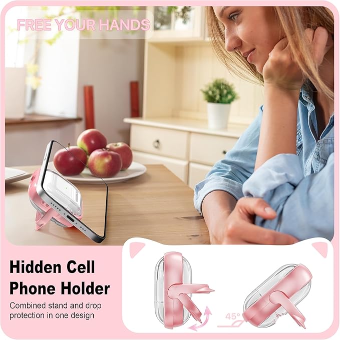 RFUNGUANGO AirPods Pro Case for Women Girly Cat Case with Lock, Phone Stand, Keychain & Cleaner Kit, Compatible with Apple Airpods Pro 2nd/1st Generation Case Cover, Transparent Pink