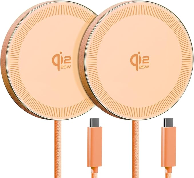 25W Qi2.2 Magnetic Wireless Charger, Fast Charging Pad for iPhone 17/16/15/14/13/12 Series & AirPods, Strong Magnet, Thin & Portable for Travel Home Office (Orange, 2Pack)