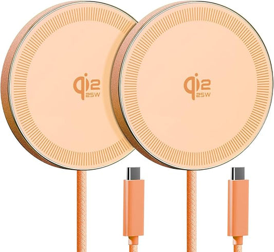 25W Qi2.2 Magnetic Wireless Charger, Fast Charging Pad for iPhone 17/16/15/14/13/12 Series & AirPods, Strong Magnet, Thin & Portable for Travel Home Office (Orange, 2Pack)