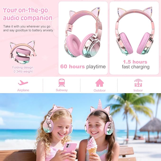 QearFun Kids Cat Ear Bluetooth Headphones, 60H Playtime, 74/85/94dB Safe Volume Limit, Metallic Gradient Wireless Headset with Mic, Fast Charging, Foldable, Wired Mode for Girls School/Tablet/Travel