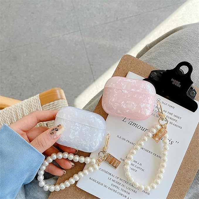 for Cute Glitter Airpods Pro 2nd/1st Generation Case with Cleaner Pen, Shell Pattern Airpods iPod Pro 2 Gen Cover Protective Skin Girl Women with Luxury Pearl Keychain 2023/2022/2019 - Pink