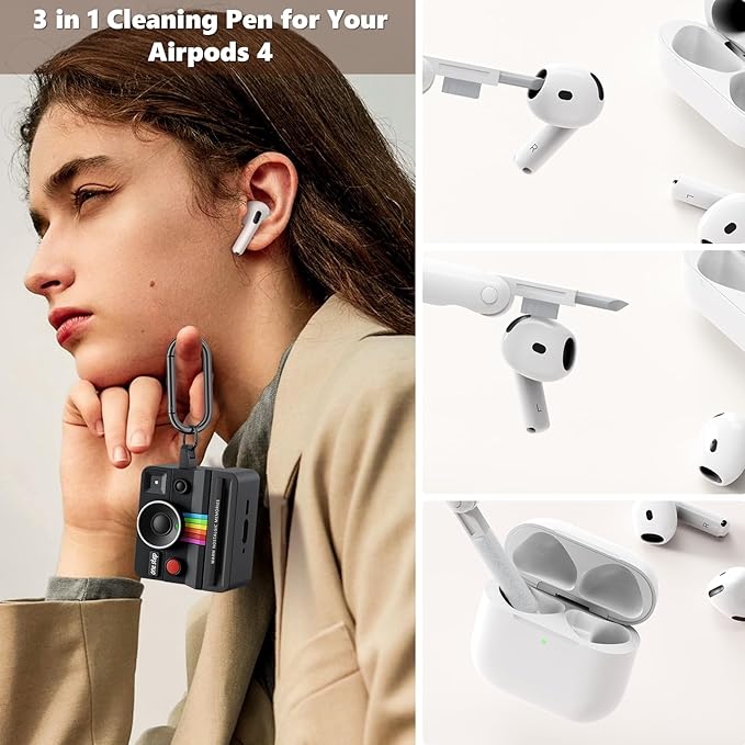 Case for AirPods 4 Case with Retro Polaroid Camera for Women - Cute Apple AirPods 4 Cover, 4th Generation AirPod Cases, Premium Silicone Protector, Ideal for Fashionable Ladies (Black, Airpods 4 Case)