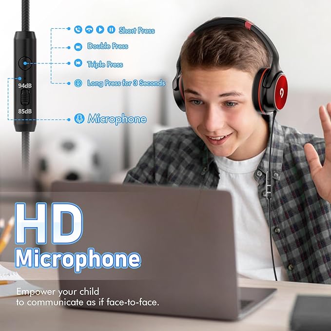 Kids Headphones with Safe 85dB/94dB Volume Limiter for Teen and Boys, Foldable HD Stereo Sound Headset for Kindle Kids/fire Tablet/iPad/Laptop, Headphones with Microphone (Black-red)